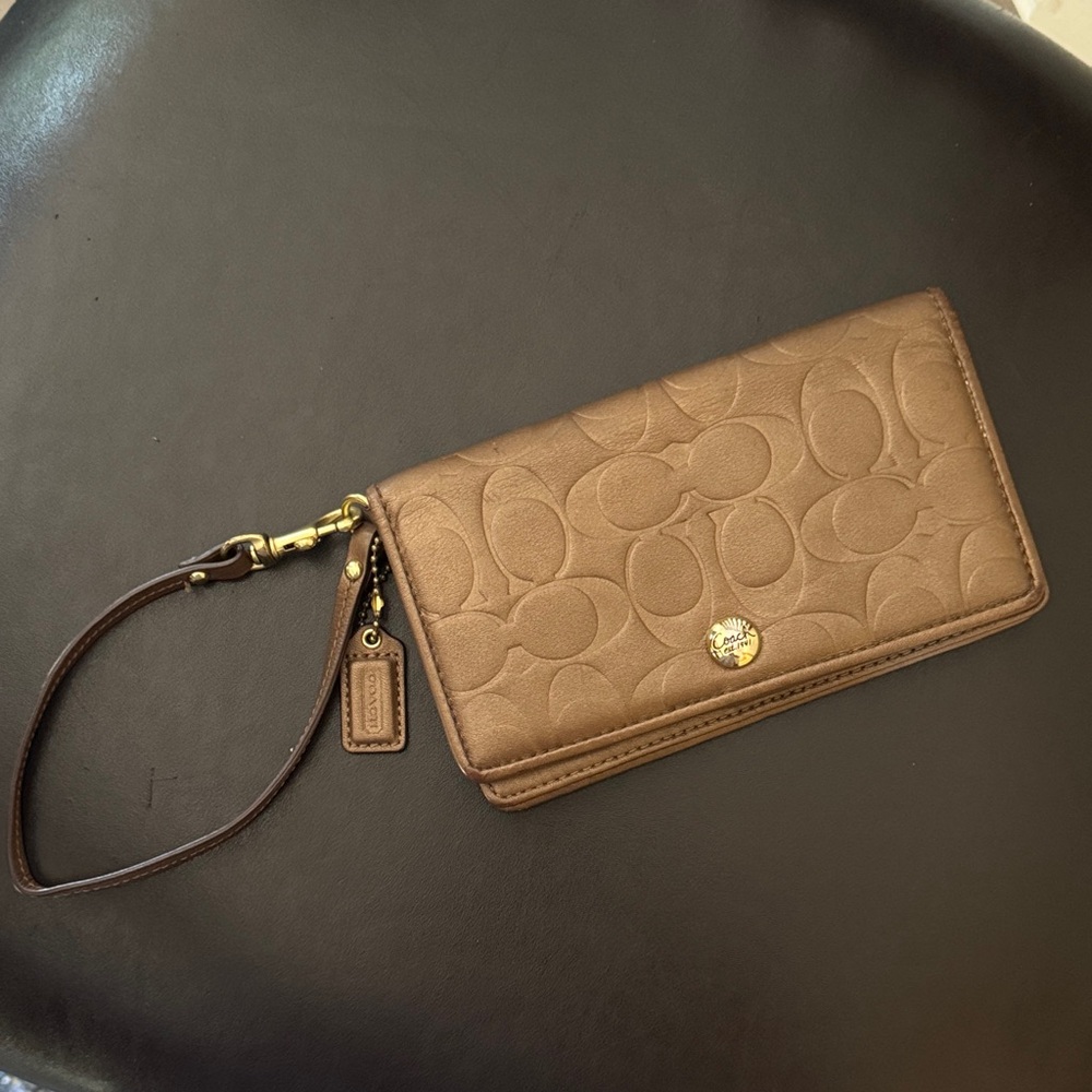 Coach Bronze Signature Embossed Snap Wallet w/Wristlet Strap & Mini Hangtag Flaw